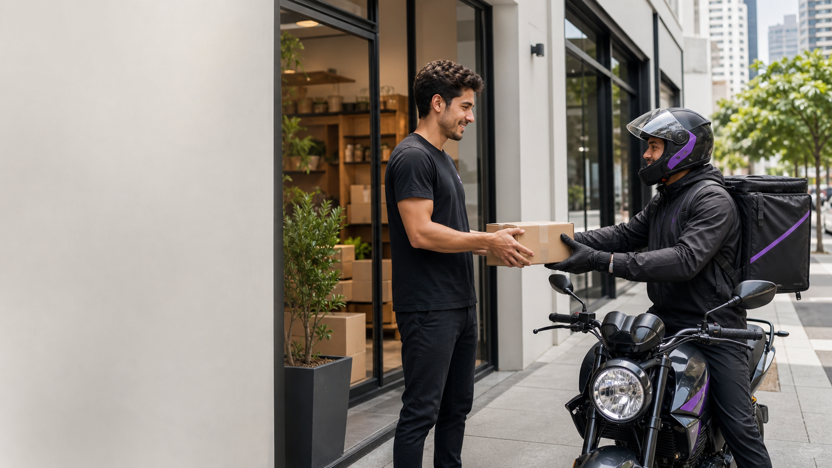 Seller entregando pacote diretamente para motoboy em operação de entrega imediata